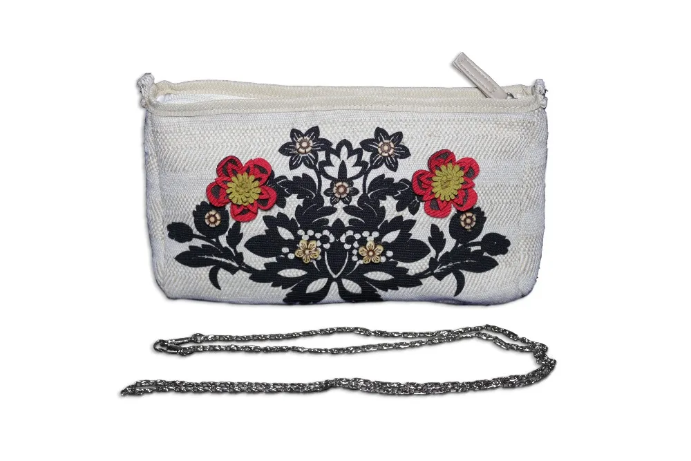 2019 Hand Made New designer women Linen handbags female Hand made flowers beads 2 in 1 Purse Chain shoulder zipper Cosmetic bag