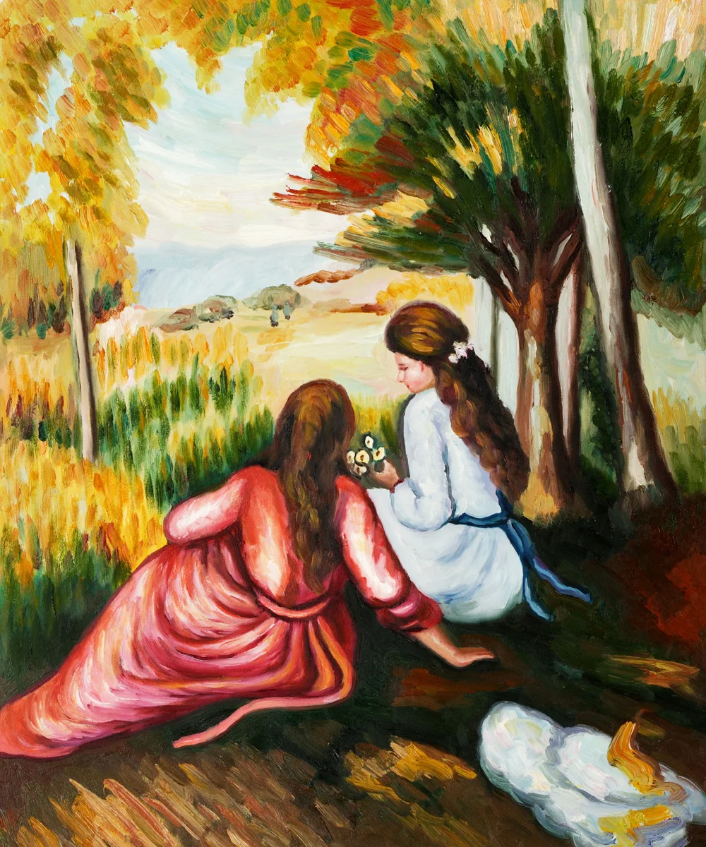 High quality Oil painting Canvas Reproductions Two Girls In The Meadow By Pierre Auguste Renoir hand painted