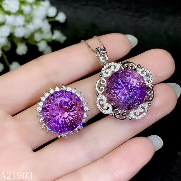 KJJEAXCMY boutique jewelry 925 sterling silver inlaid natural amethyst gemstone female hand ring necklace pendant support test.