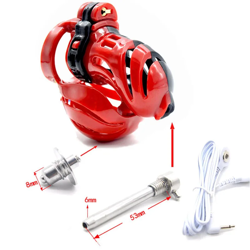 Latest Male 3D Cock Cage Resin Penis Ring Scrotum Bondage Lock Electric Shock Chastity Device Adult BDSM Sex Toy Red Clear A390