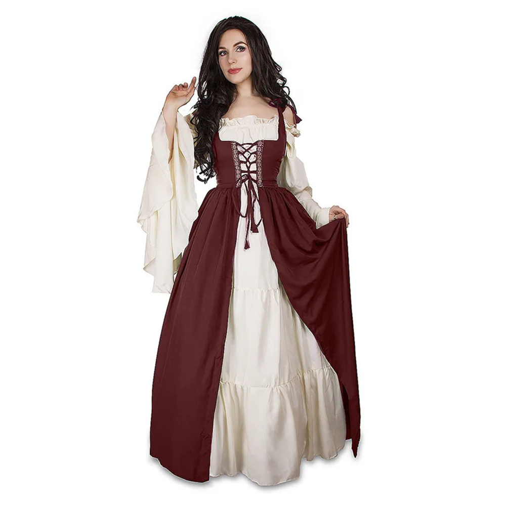 Vestido de manga comprida renascentista medieval feminino, uniforme feminino, cintura, traje da moda, nova chegada