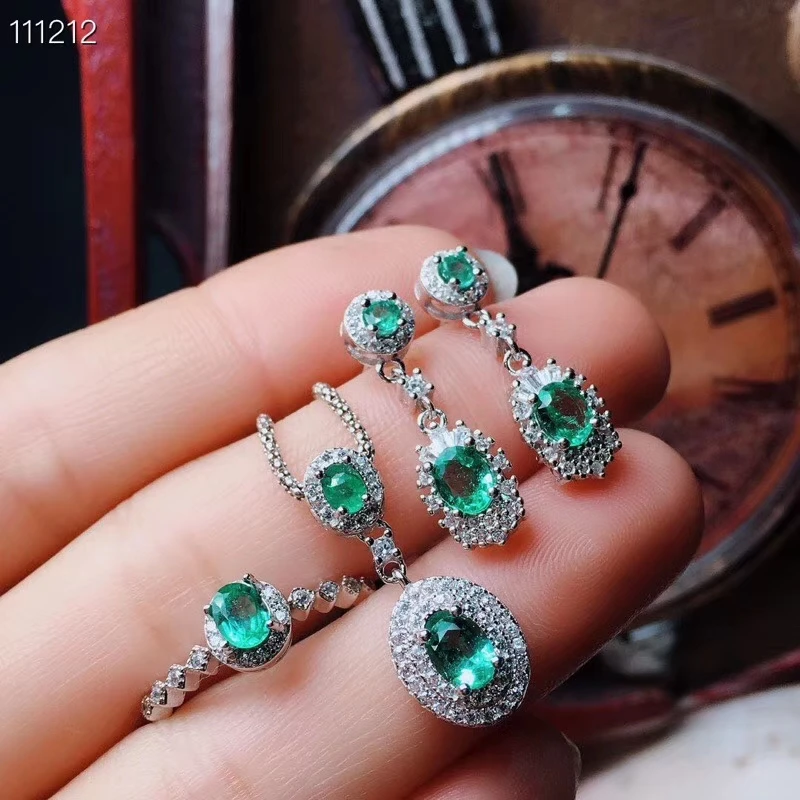 KJJEAXCMY exquisite jewelry  925 sterling silver inlaid natural emerald lady Ring Pendant Earring Set support detection