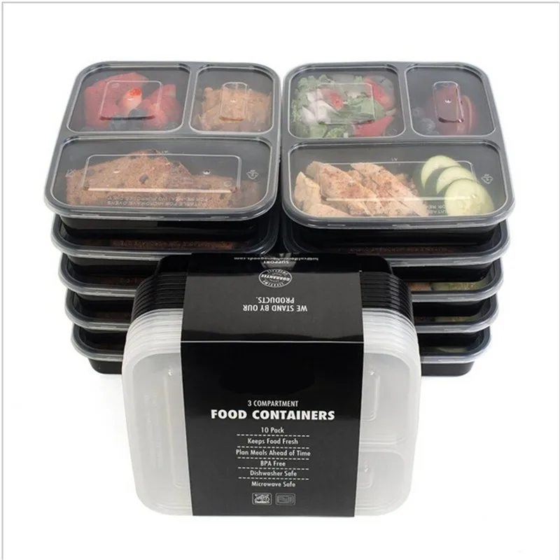 3 Compartment Plastic Food Storage Containers with Lids, Microwave and Dishwasher Safe, Bento Lunch Box, Set of 5/ 10