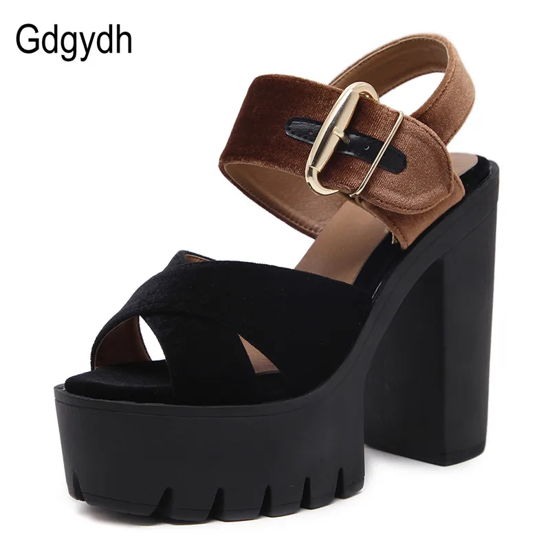 Gdgydh Summer Flock Women Sandals Platform Square Heels Female Shoes Fashion Buckle High Heeled Shoes Women Comfortable 2021 New