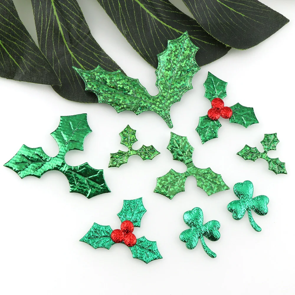 100pcs Table Decoration Holly Berries and Leaves Appliques for Christmas Decoration ,Stick-on DIY  Laser Green Color