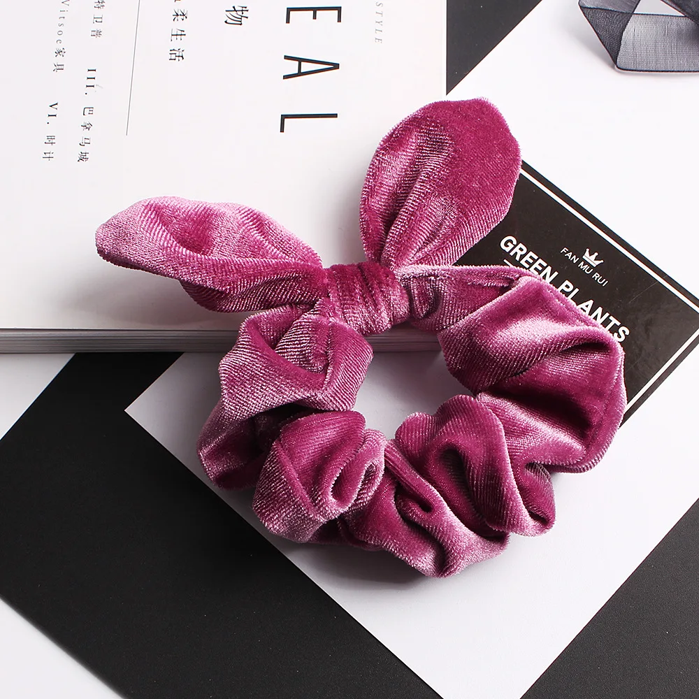 Cute Bunny Ear Scrunchie Vintage Hair Scrunchies Stretchy Velvet Women Elastic Hair Bands Girls Ponytail Holder Rubber Hair Ties