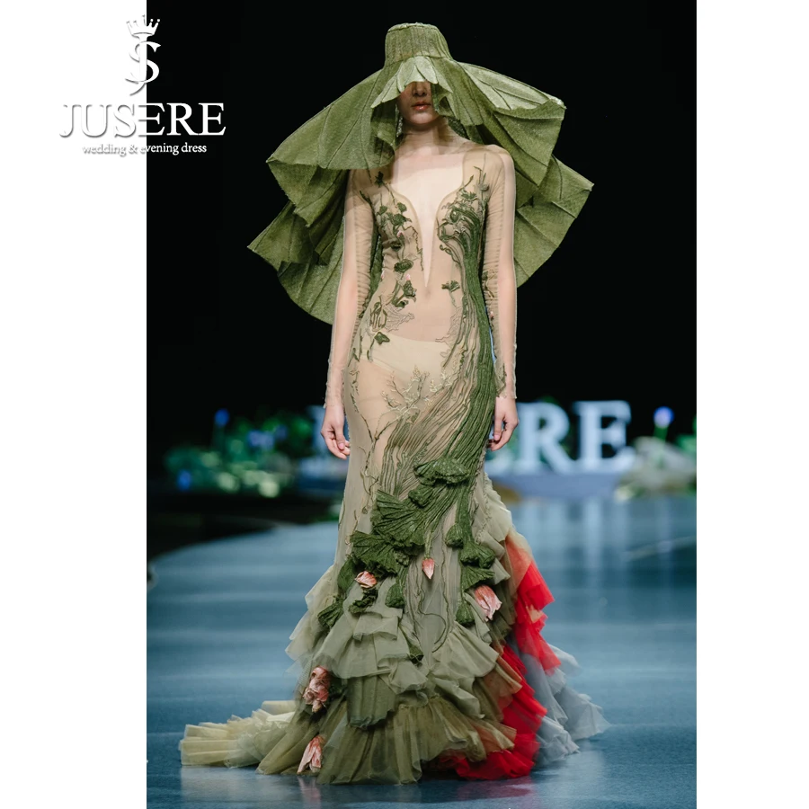 JUSERE-Vestido largo de fiesta con bordado de flores, traje de fiesta de sirena verde, Apliques de encaje