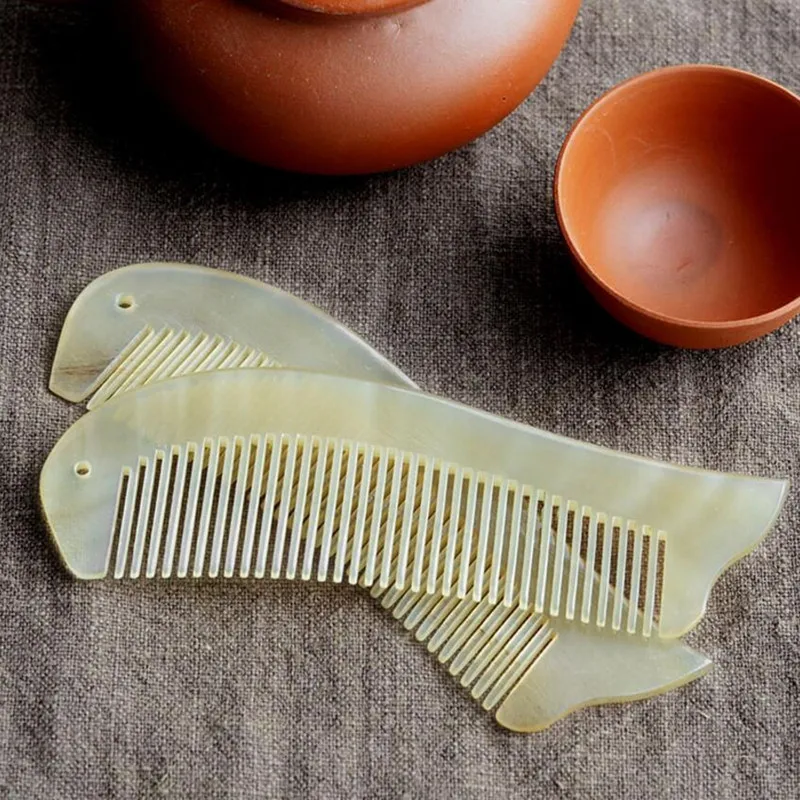 4pcs 12cm Fish design Natural sheep horn Comb Wide Tooth No-static head Massage Hair Brush Health care Hair Styling combs