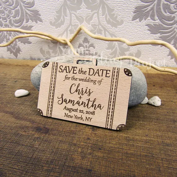 personalized Boarding Pass suitcase rustic Wedding wooden Save the Date Magnets engagement party favors gifts invitation cards