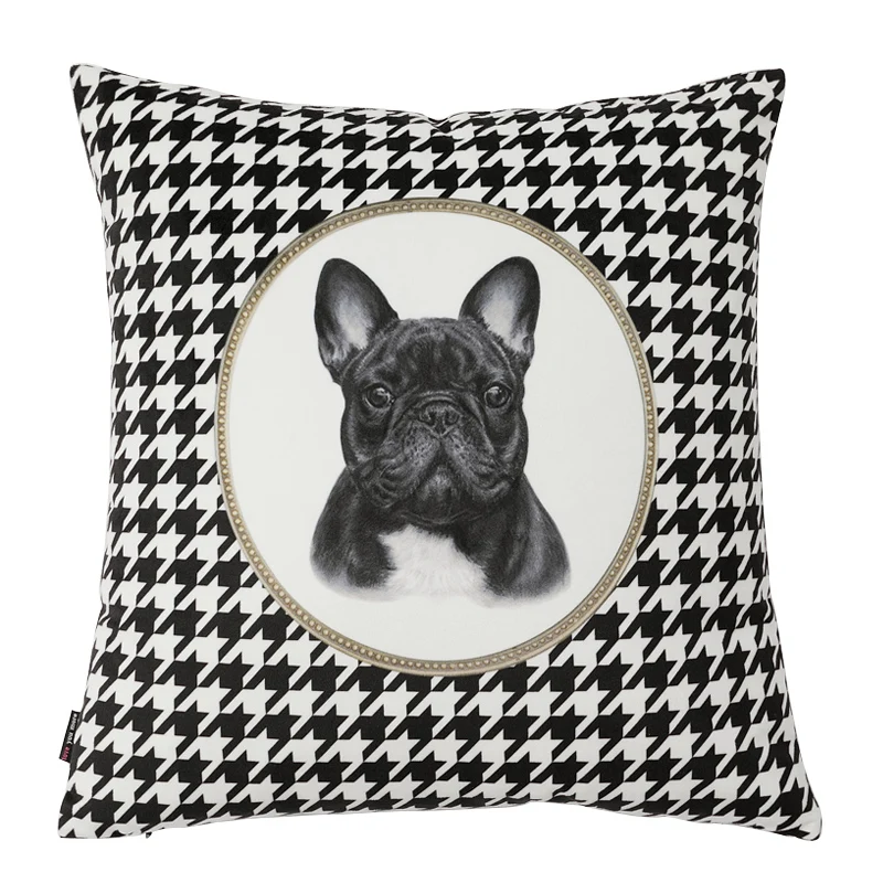 New Black French Bull Terrier Velvet Throw Pillow Case Nordic Bull Terrier Dog Houndstooth Cushion Cover Classic Square Decor