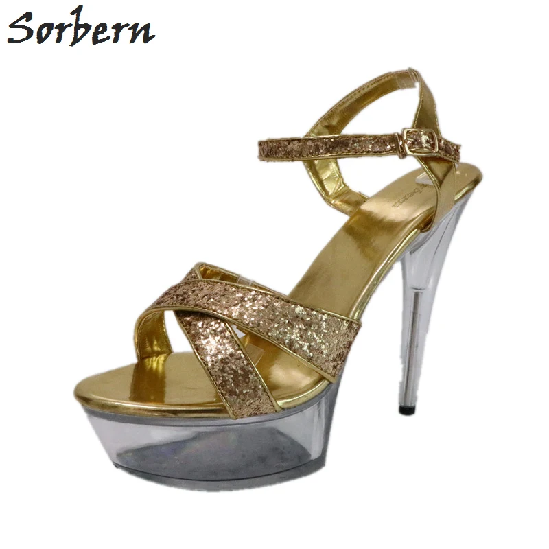 

Sorbern Gold Glitter Clear Perspex Heel Sandals Women 15Cm Heel Summer Shoes Ladies Slingbacks Cross Straps Custom Colors