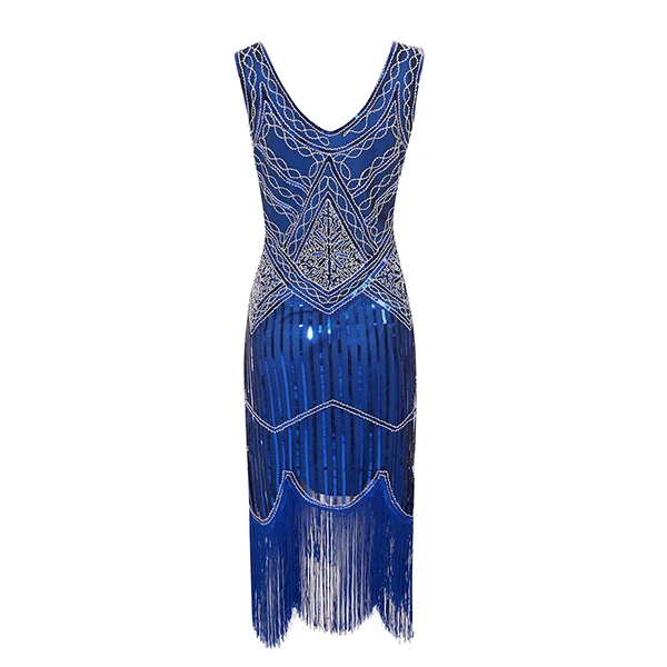 Vestido de festa feminino 1920 S Great Gatsby Flapper vestidos lantejoulas vestido marginal noite v pescoço embelezado com franjas sem mangas