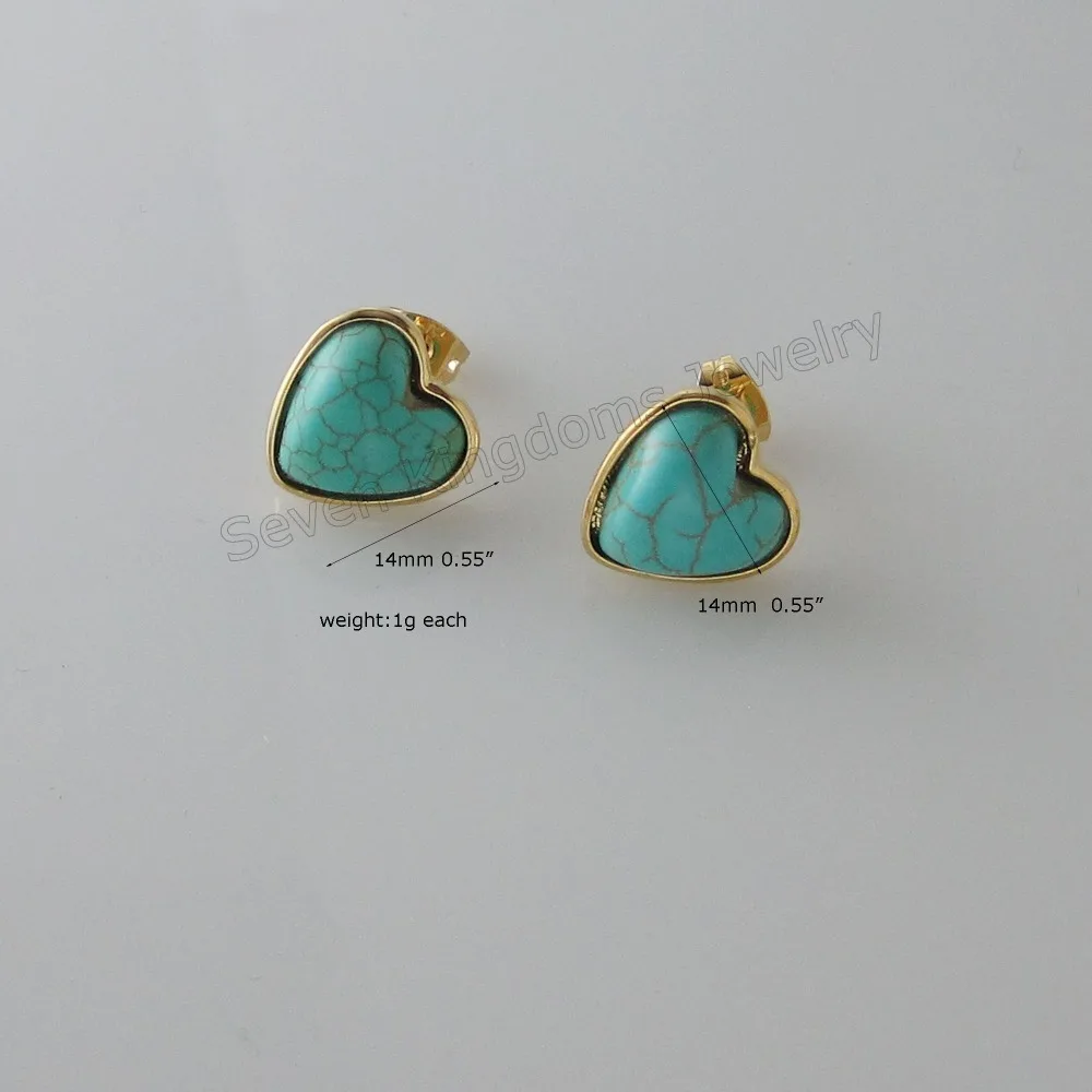 HEART SHAPE SIMULATED TURQUOISE STONE SIZE 14MM YELLOW GOLD PLATED BRASS BASE STUD EARRING GREAT GIFT