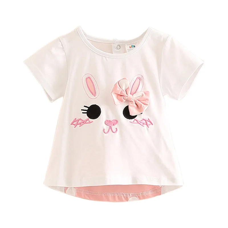 2024 Summer 2 3 4 5 6 8 Year Children Baby White Pink Cotton Cartoon Cat Dot Bowknot Patchwork Short Sleeve Kids Girl T-Shirt