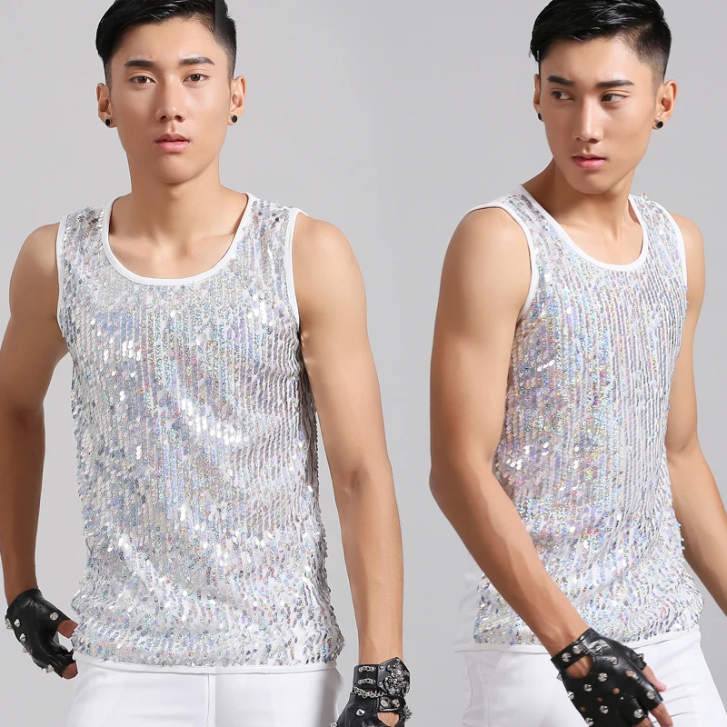 

Rock White Sequins Vest Men Jazz Dance Tops Hip Hop Dance Costume Singer Dancer Clothing Nightclub Dj DS Rave Wear DWY483