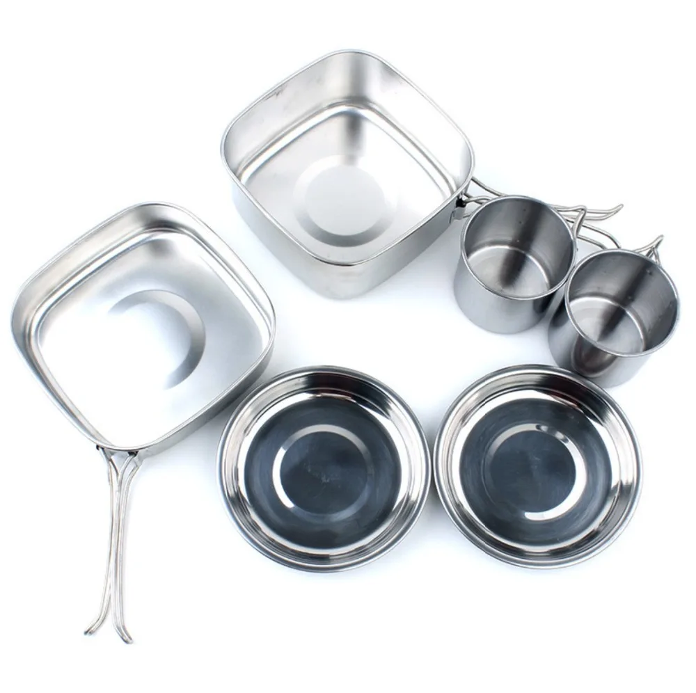 6PCS Stainless Steel Outdoor Plate Bowl Cup Pan Pot Set Picnic Camping Cookware Camelwill Full Set 6 Pcs  Skillet