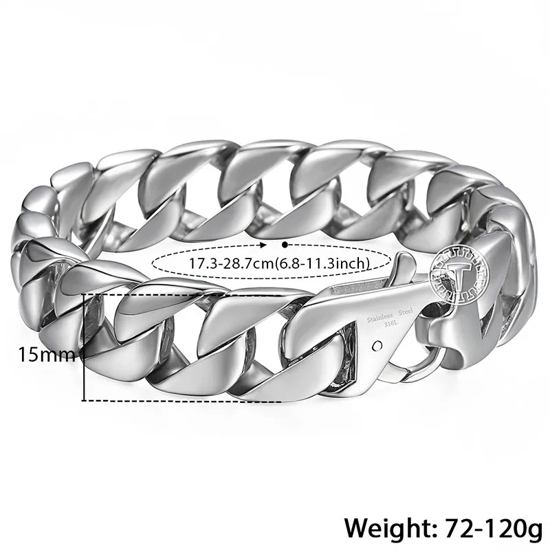 14mm Men\'s Bracelet Silver Color 316L Stainless Steel Round Curb Cuban Link Chain Bracelets Male Jewelry Gift for Men 8.62\