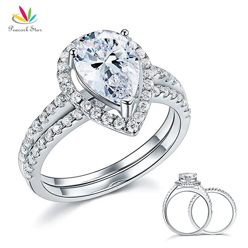 

Peacock Star Solid Sterling 925 Silver Bridal Wedding Promise Engagement Ring Set 2 Ct Pear Jewelry CFR8224