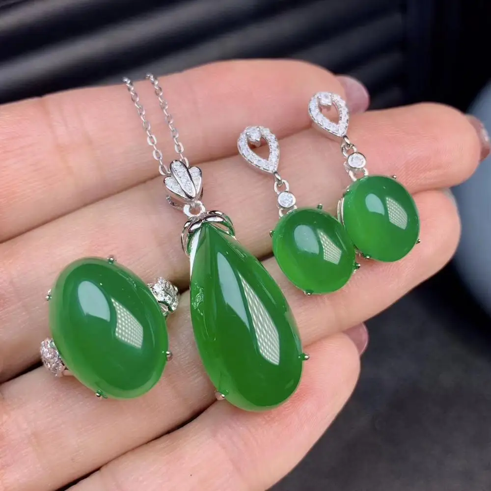 

KJJEAXCMY boutique jewelry 925 sterling silver inlaid natural gemstone green chalcedony female ring pendant earrings set support