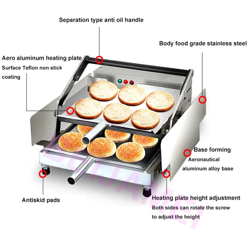 BEIJAMEI ไฟฟ้าเชิงพาณิชย์แฮมเบอร์เกอร์อบเตาอบขนมปังย่างเครื่อง Double Layer Bun เครื่องปิ้งขนมปังเครื่องทำความร้อน