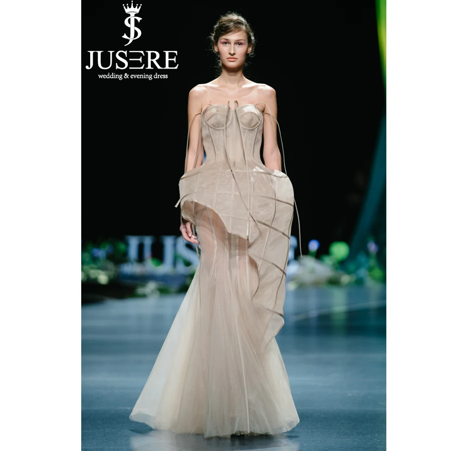 JUSERE Fshion Show Long Evening Dress Strapless See Through Charming Mermaid Evening Dress vestido de festa longo