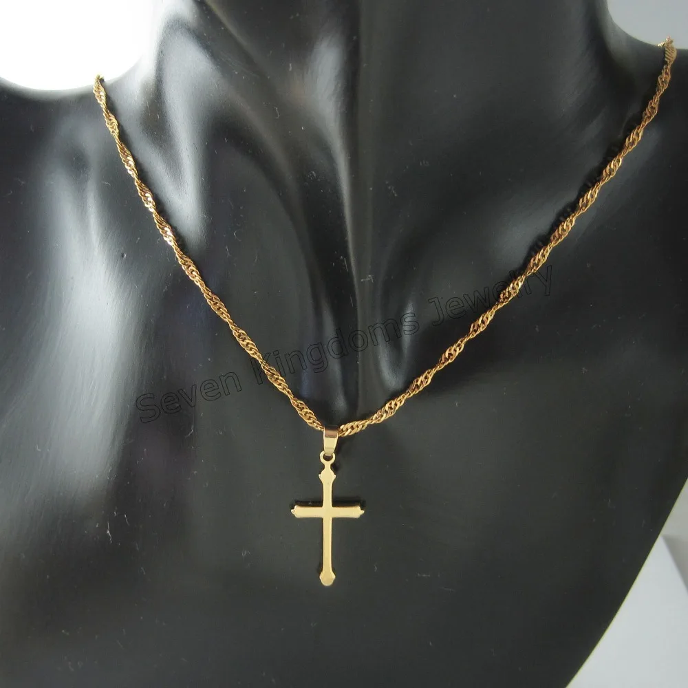 YELLOW GOLD COLOR 45CM WATER WAVE NECKLACE PLAIN SURFACE JESUS CROSS GOD PENDANT