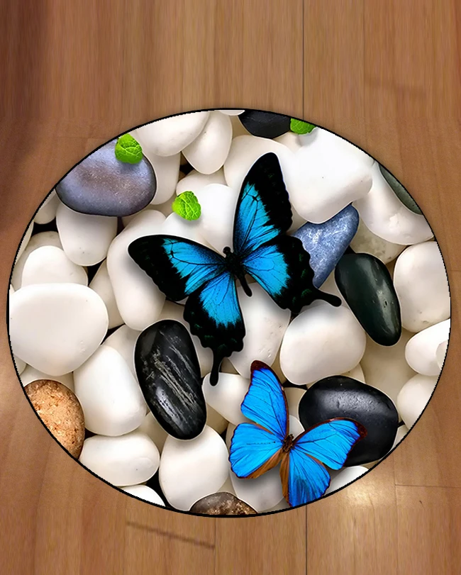 

Else Gray Black White Stones on Blue Butterfly 3d Pattern Print Anti Slip Back Round Carpets Area Rug For Living Rooms Bathroom