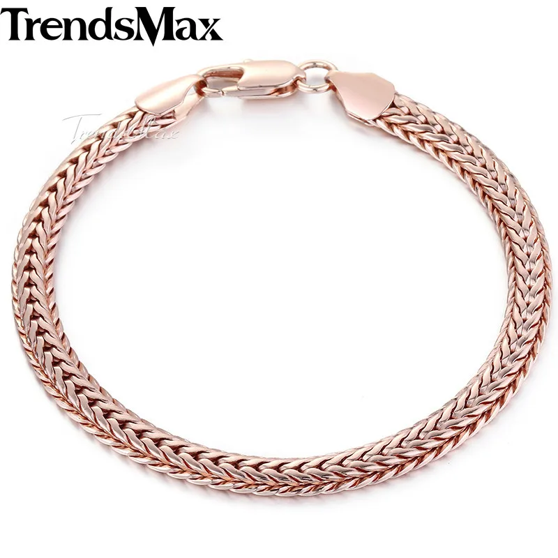 Trendsmax 585 Rose Gold Color Bracelet for Women Men Foxtail Link Chain Bracelet Male Wristband Fashion Jewelry 6mm 8inch GB254