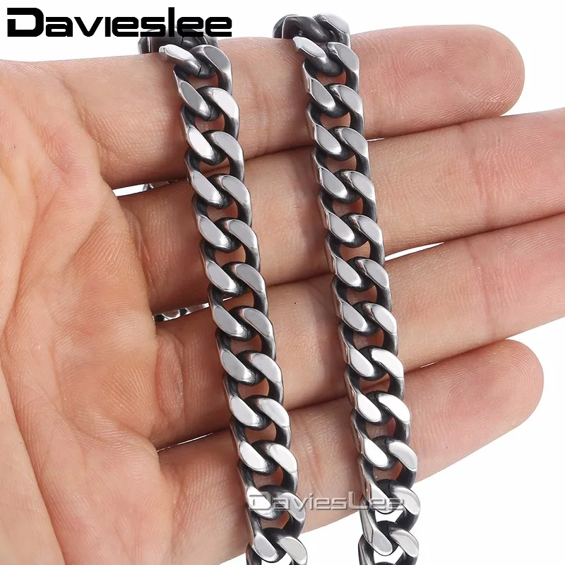 Davieslee Men\'s Necklace Stainless Steel Chain for Men Gunmetal Curb Cuban Link 8/10/12mm DKNM142