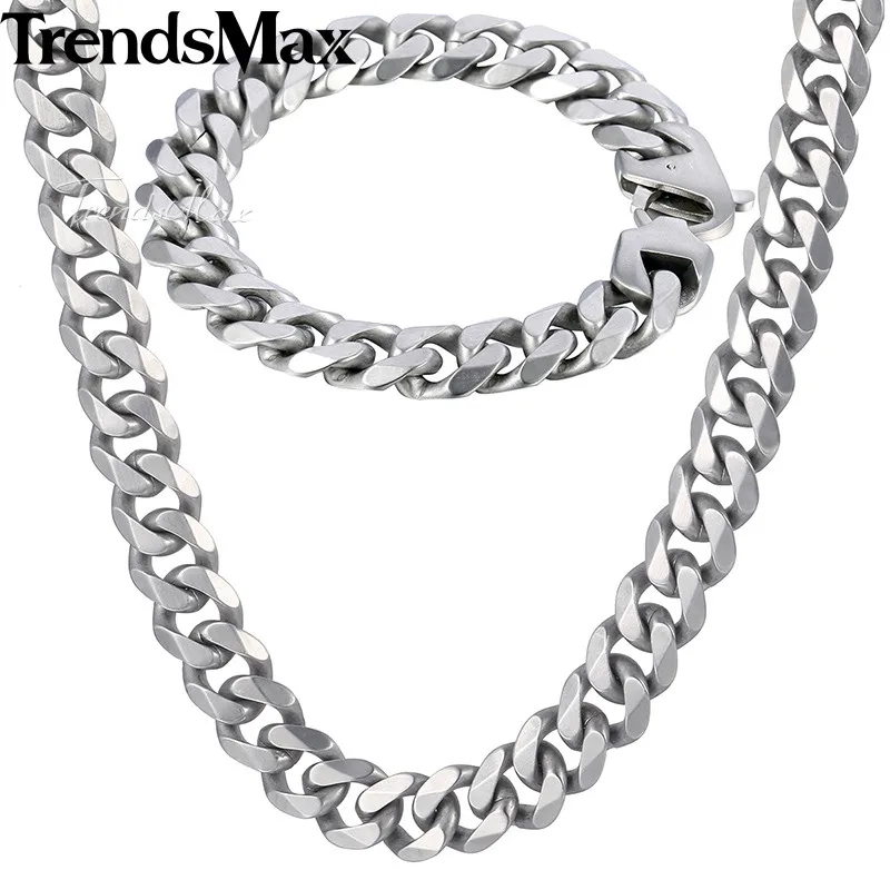 15mm Matte Jewelry Set Mens Bracelet Necklace Silver Color  316L Stainless Steel Cut Curb Cuban Link Chain HS42