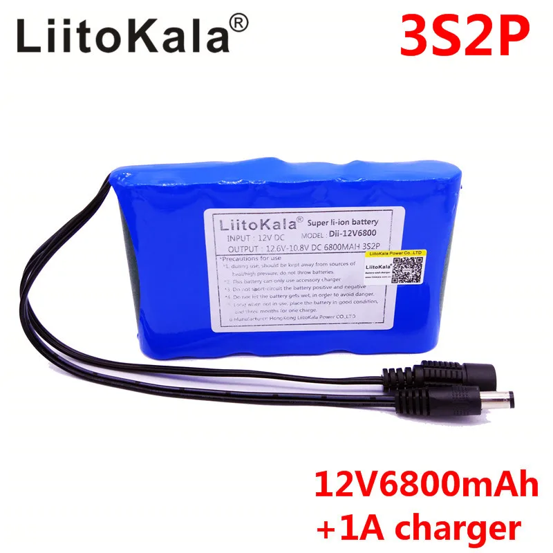 LiitoKala Portable Super 18650 Rechargeable Lithium Ion battery pack capacity DC 12 V 6800 Mah CCTV Cam Monitor 12.6V 1A Charger