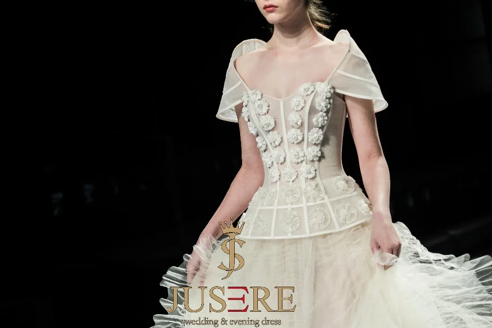 JUSERE แฟชั่นแสดง Ball Gown Ivory งานแต่งงานปิดชุดไหล่ Beadeds Sweep Train Bridal Gowns Vestido De Noiva