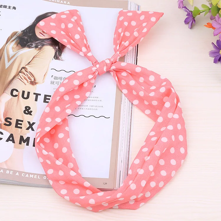 1Pc Cute Dot Dots lip print flower Bunny Rabbit Ear Ribbon Headwear Hairband Metal Wire Scarf Headband Hair Band Accessories