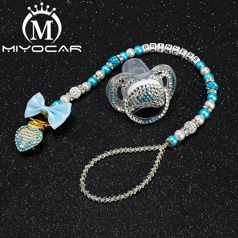 MIYOCAR custom name bling crown pacifier clip pacifier holder dummy clip with bling crown pacifier set unique gift SP013