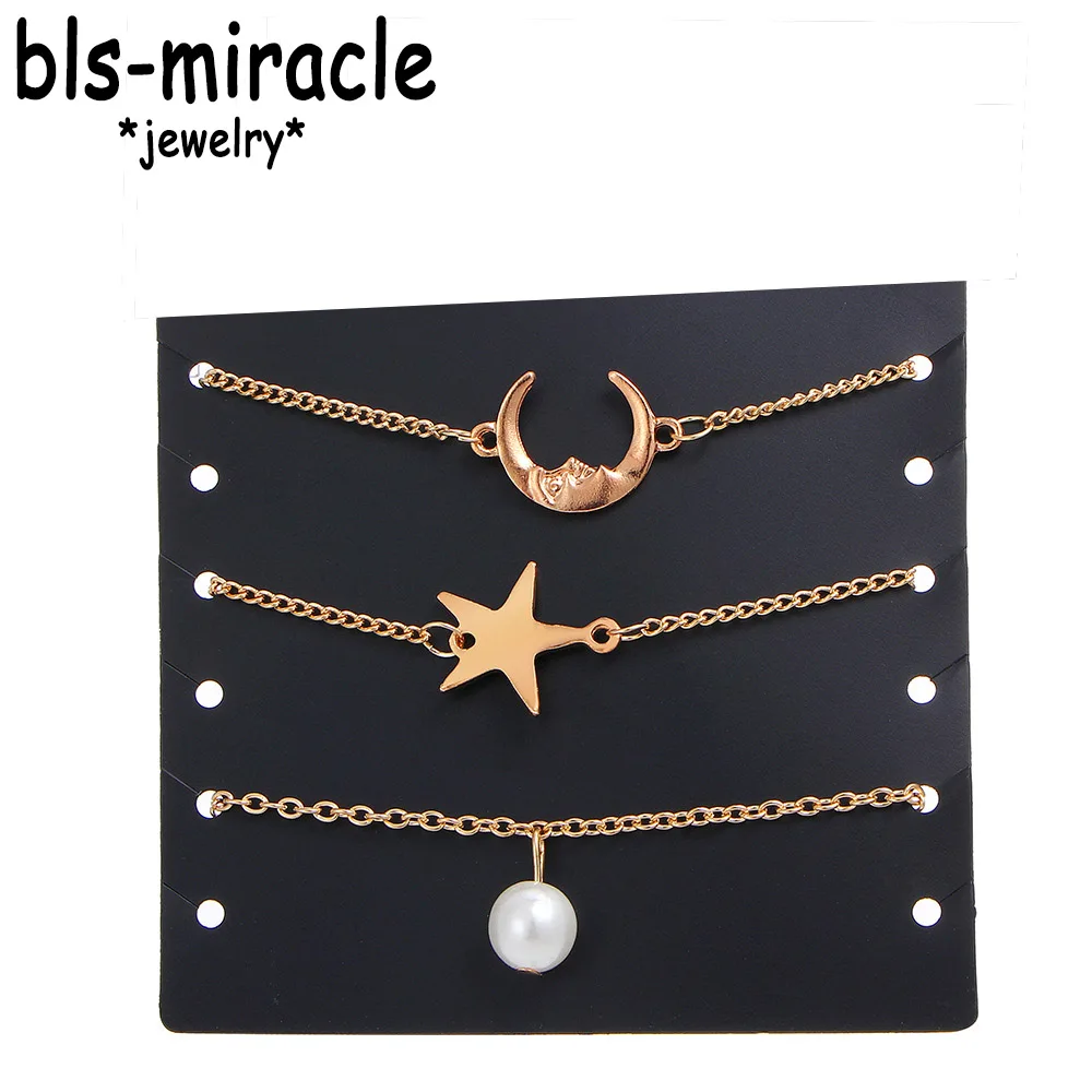 Bls-miracle Vintage Star Moon Anklets Set For Women Gold Color Bohemian Anklet Bracelet Party Handmade Beach Jewelry Gift BA-182