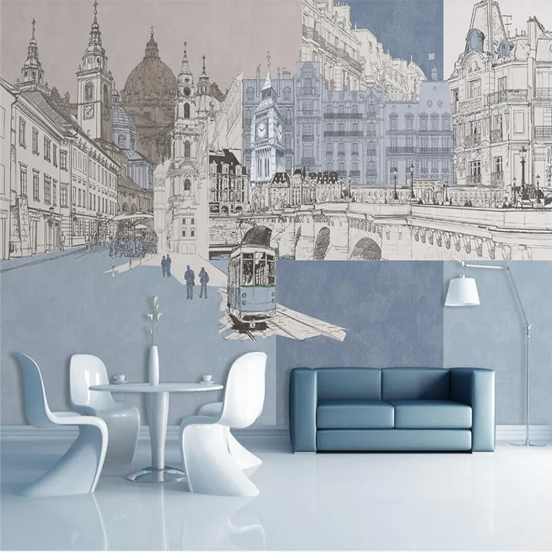 

Modern minimalist hand-painted city architecture background wall decorative painting professional production wallpaper mural cus