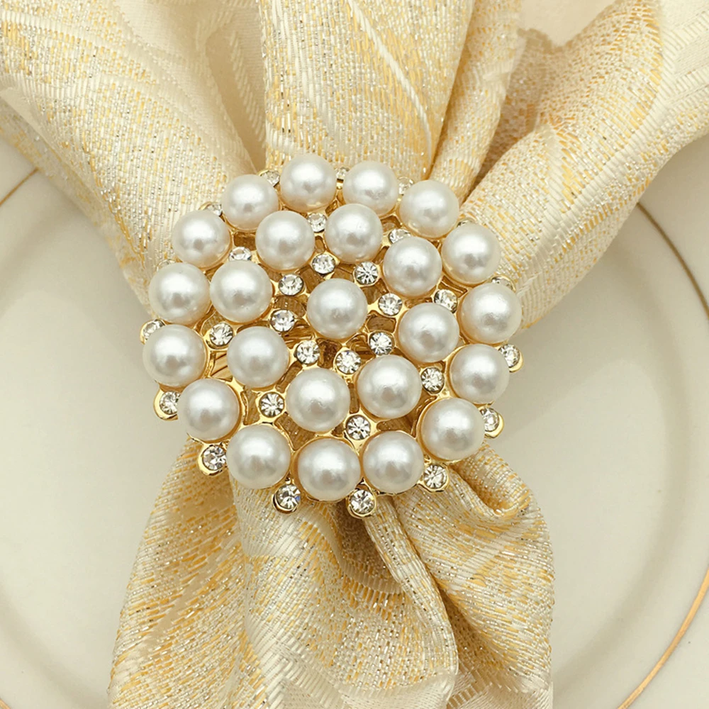 

30pcs SHSEJA Luxurious Napkin Hotel Wedding Supplies Napkin Ring Gold Plated Diamond Pearl Napkin Buckle Desktop Decoration