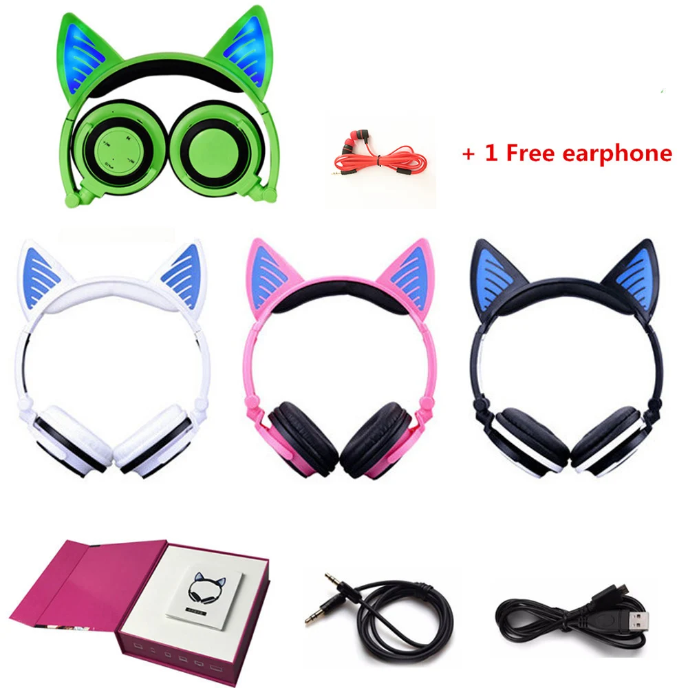 YiJee Wireless Bluetooth Headset Cat Headphones LED Glowing Cat Ear Earphone with Mic for PC Computer and Mobile Phone