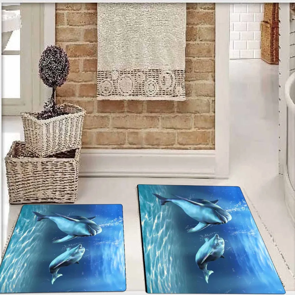 

Else Blue Under Sea Swimming Dolphins Fishes 2 Pcs 3d Pattern Print Bath Mats Anti Slip Soft Washable Bathroom Mat Toilet Rugs