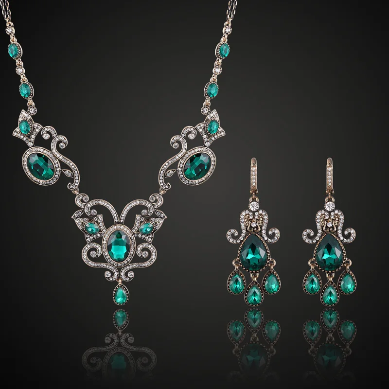 Zlxgirl jewelry vintage blue Green rhinestone wedding jewelry sets for women bridal necklace flower necklace & Pendant Brinco