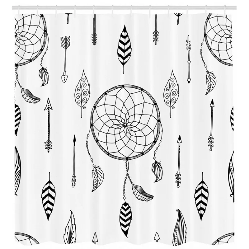 Black White Indian Dream Catcher Feather and Arrows Shower Curtain Set Boho Dreamcatcher Bathroom Accessories Curtain with Hooks