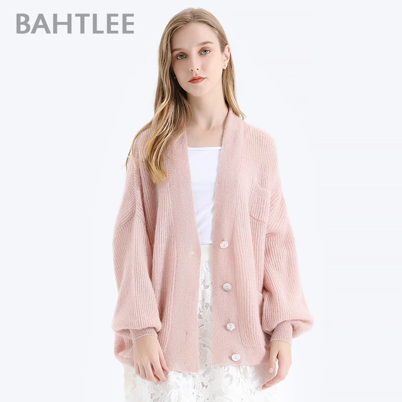 BAHTLEE-Women's Mohair Sweater, Lurex Wool, Knitted Jumper, Full Puff Sleeves, V-Neck, Loose Style, Gold, Autumn, Winter