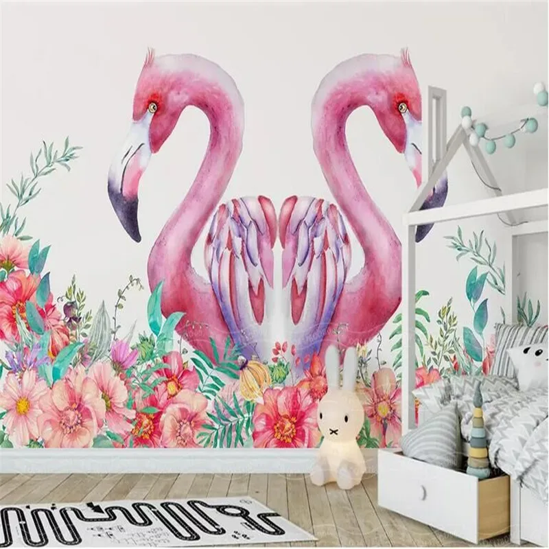 Nordic minimalist hand-painted flamingo flower background wall manufacturers wholesale wallpaper mural custom photo wall