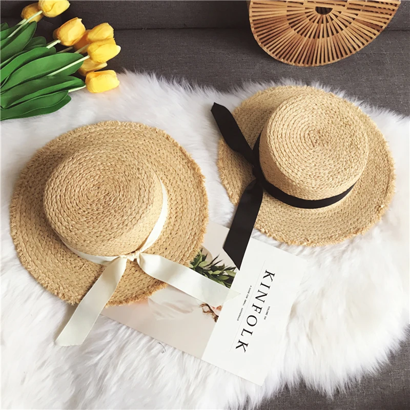 Luna&Dolphin Handmade Women Summer Sun Hat Beach Raffia Panama Straw Cap Big Brim Black White Bow Ribbon Temperament Flat UV Cut