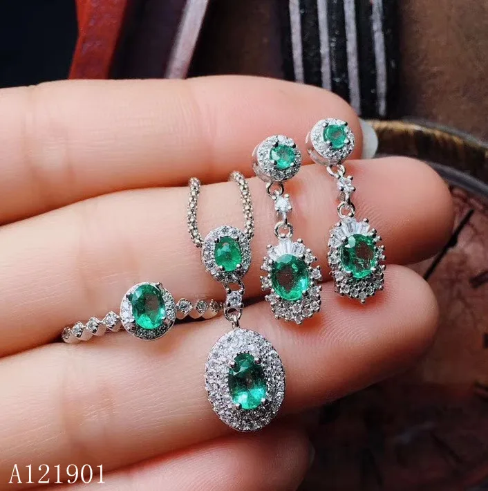 KJJEAXCMY exquisite jewelry  925 sterling silver inlaid natural emerald lady Ring Pendant Earring Set support detection