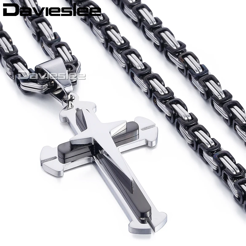 Davieslee Cutout Cross Pendant Necklace for Men Gold Black Silver Color Stainless Steel Wholesale Jewelry LKP180