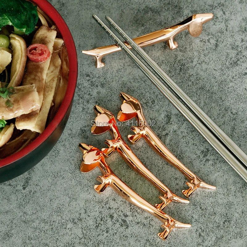 50pcs Novelty Stainless Steel Lovely Rose Gold Litter Dog Knife Fork Spoon Rest Chopsticks Rack Holder