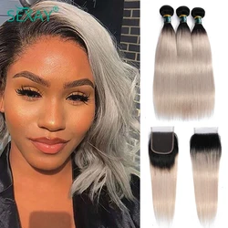 1B Grey 613 Pink Straight Bundles With Closure 2 Tone Color Human Hair Weave Ombre Bundles With 4x4 Transparent Lace Closure