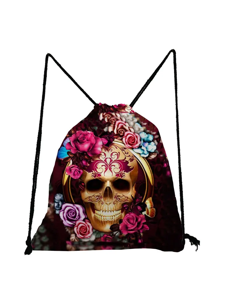 New Cool Drawstring Bags Skull Rose Print Softback Bag Halloween Gift Candy Bags Fashion Storage Bag Unisex Waterproof Shoes Bag