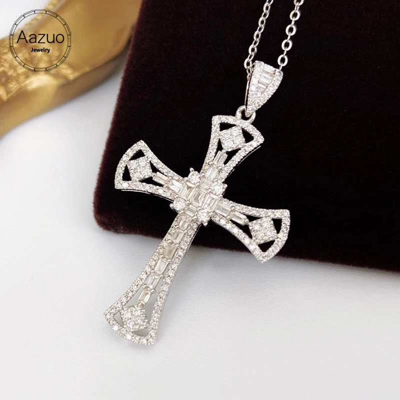 

Aazuo 18K Pure White Gold Real Natrual Diamond Classic Cross Pendent With Chain Necklace Gift For Women Wedding Engagemet Party